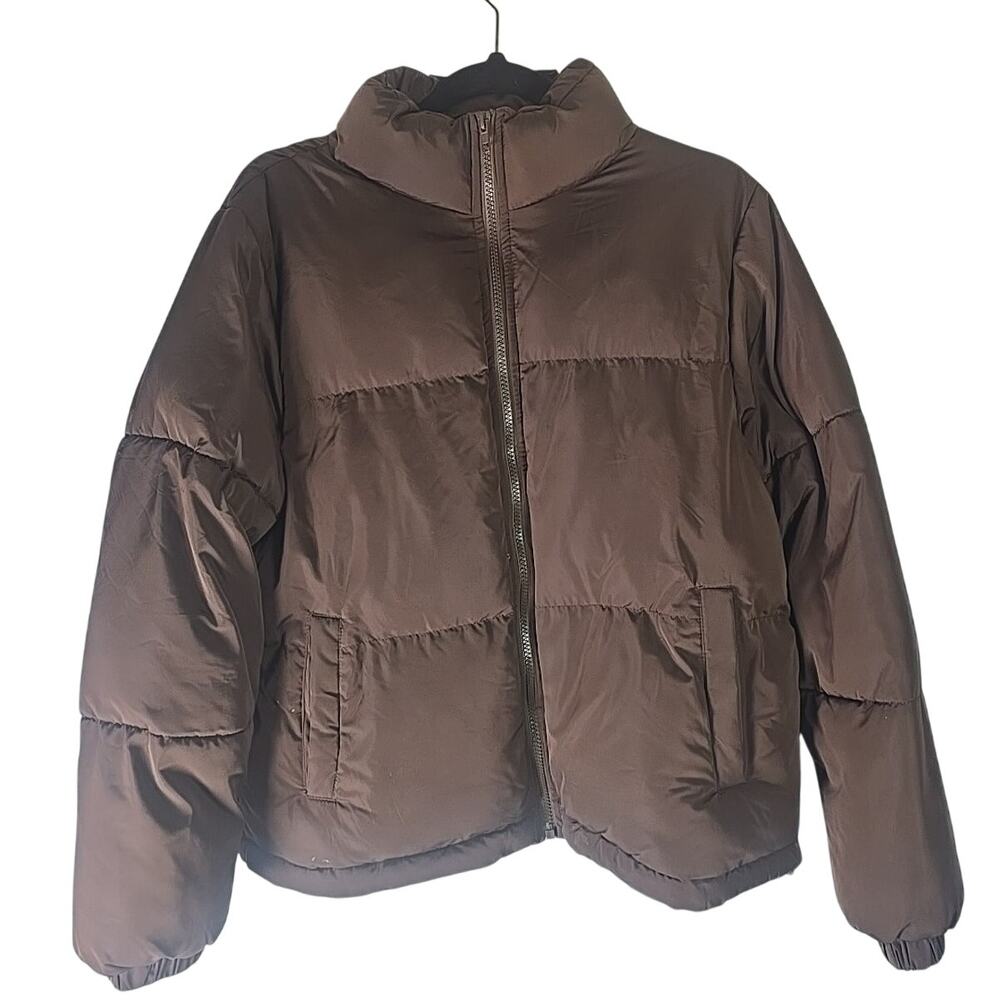 FOREVER 21 Brown Quilted Hooded Puffer Jacket Coat Womens Medium Short Length